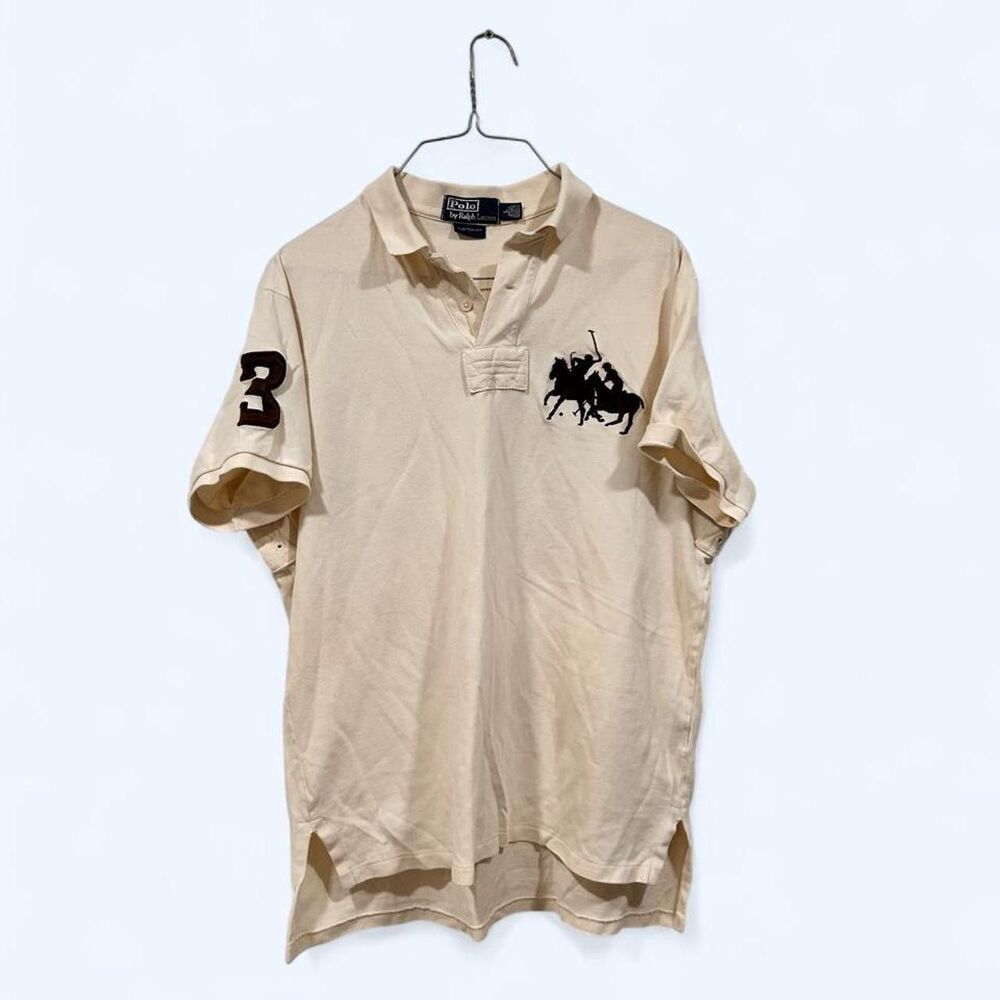 Polo Ralph Lauren Double Pony 3 Sleeve Polo Shirt Large Cream Custom Fit Y2K